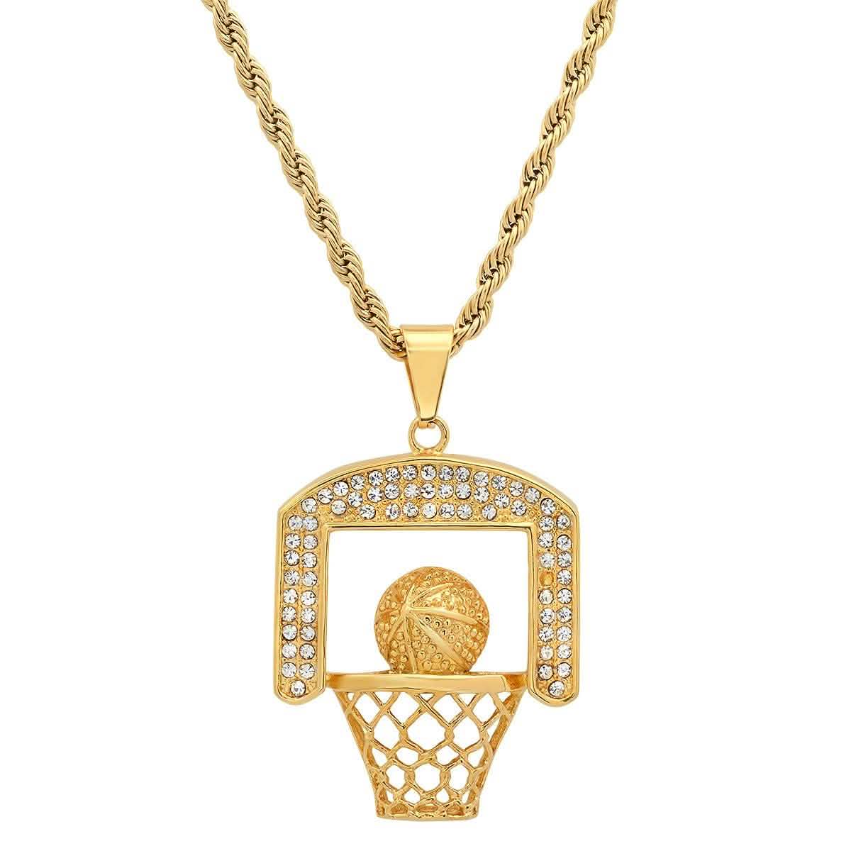 Herren-Basketball-Anhänger aus 18 Karat vergoldetem Edelstahl und simulierten Diamanten