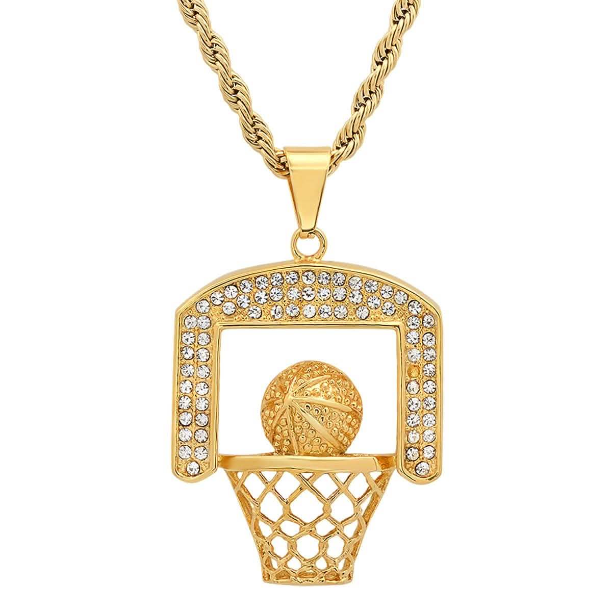 Herren-Basketball-Anhänger aus 18 Karat vergoldetem Edelstahl und simulierten Diamanten