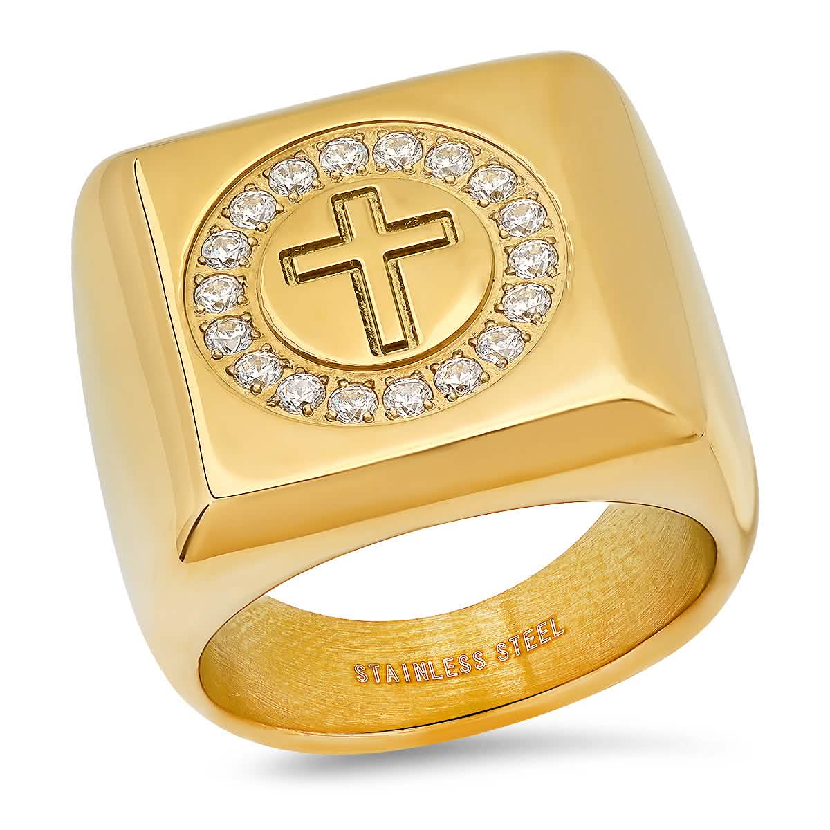 Herrenring, vergoldet, 18 Karat, Edelstahl mit simulierten Diamanten, quadratisches Kreuz