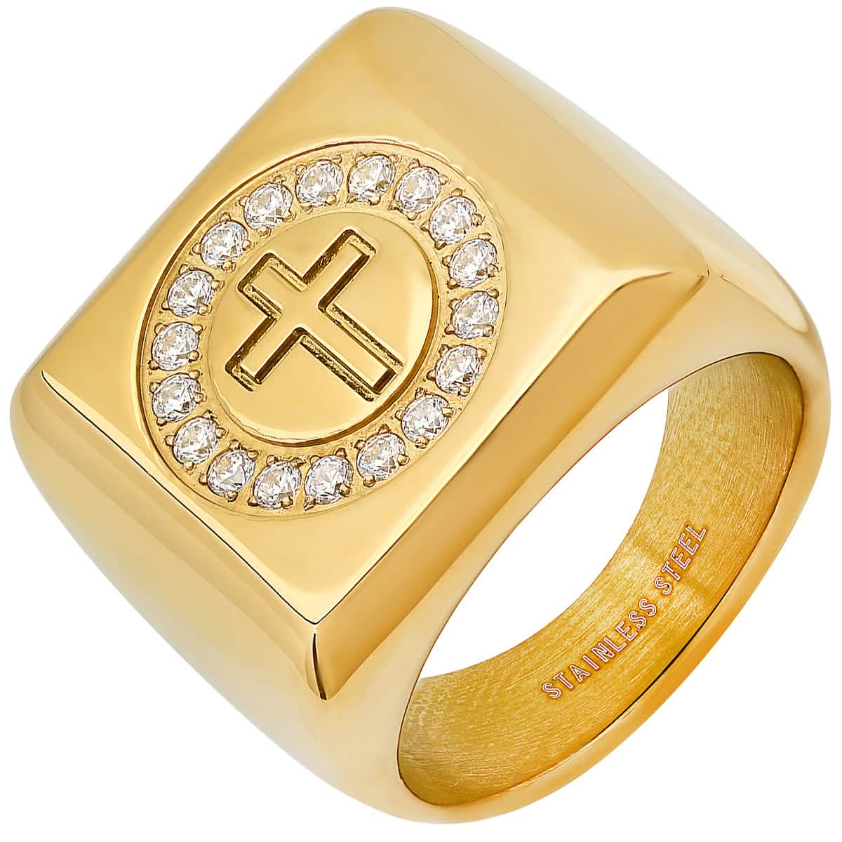 Herrenring, vergoldet, 18 Karat, Edelstahl mit simulierten Diamanten, quadratisches Kreuz