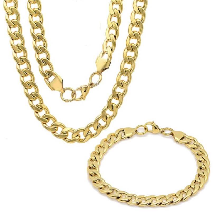 Herren-Halsketten- und Armband-Set, kubanische Gliederkette aus Edelstahl, 18 Karat vergoldet