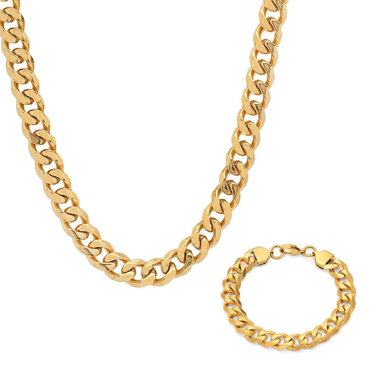 Herren 18k vergoldetes Edelstahl Cuban Link Ketten-Armband/Halsketten-Set