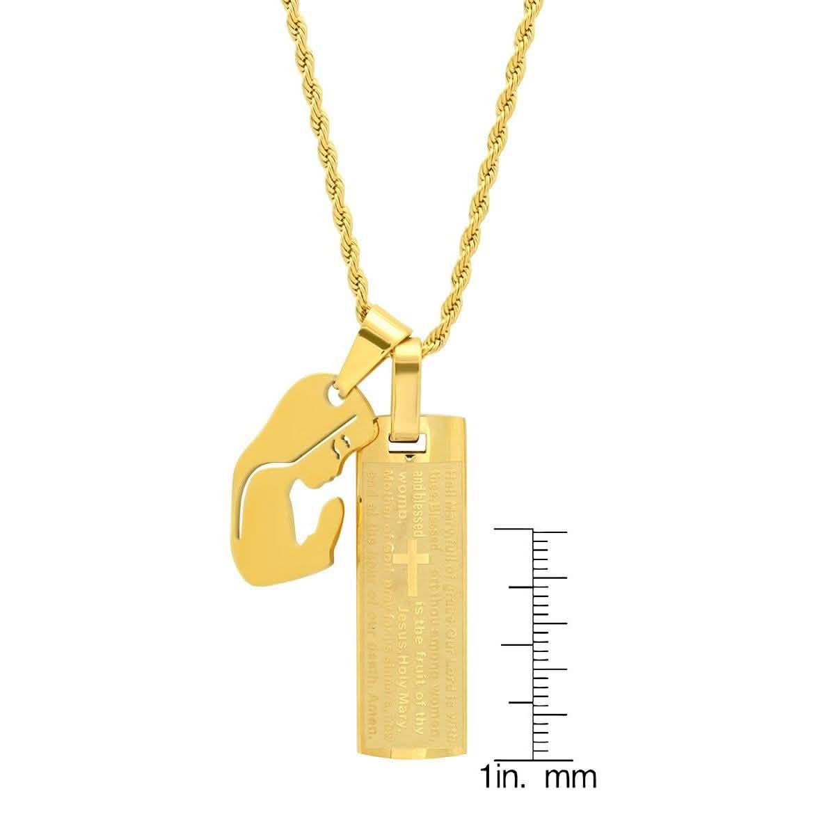 Herren 18K vergoldeter Edelstahl-Erkennungsmarke, Gebet „Vater unser“ (Englisch) und „Gegrüßet seist du, Maria“-Anhänger