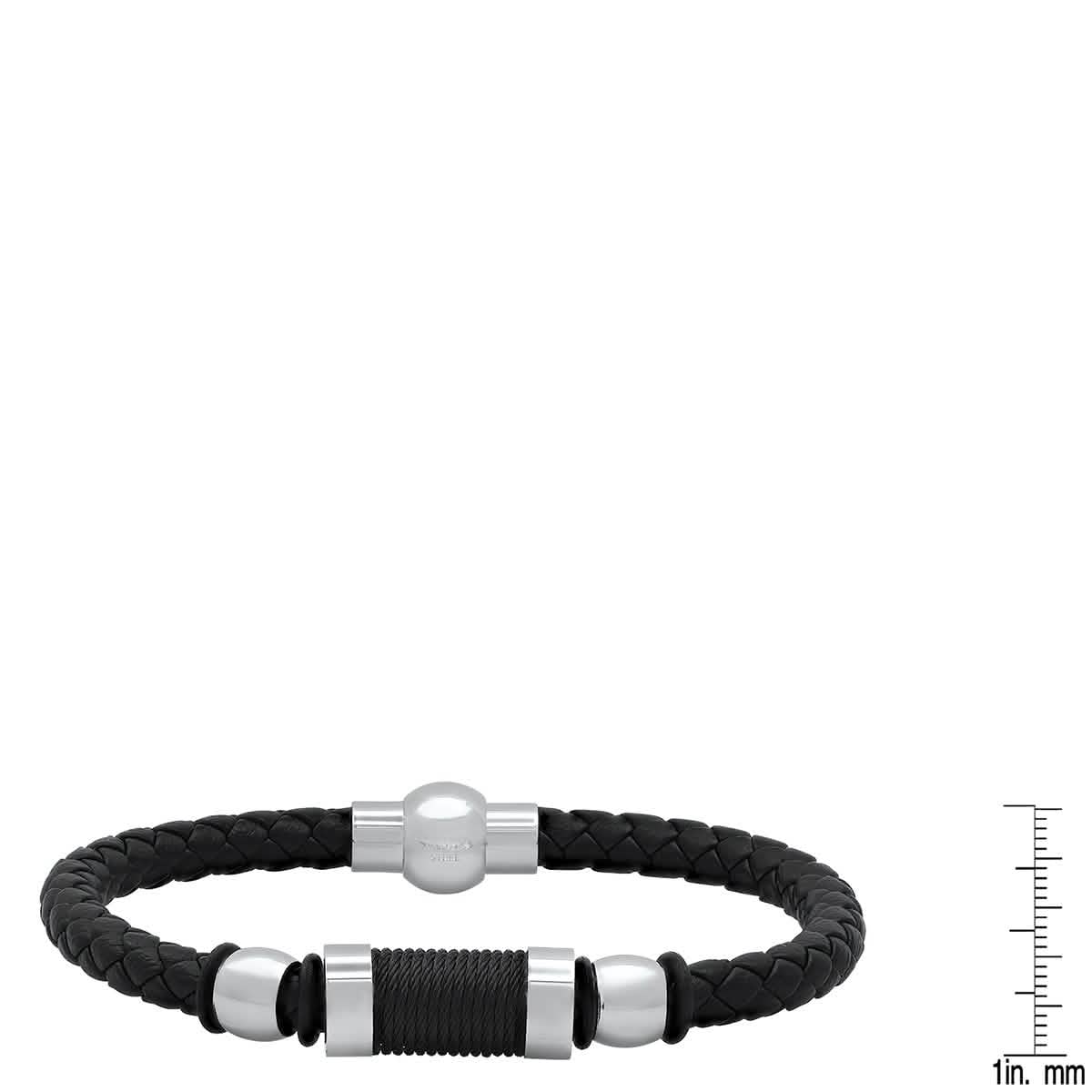 Herrenarmband aus schwarzem geflochtenem Leder, schwarzem Garn und Edelstahl