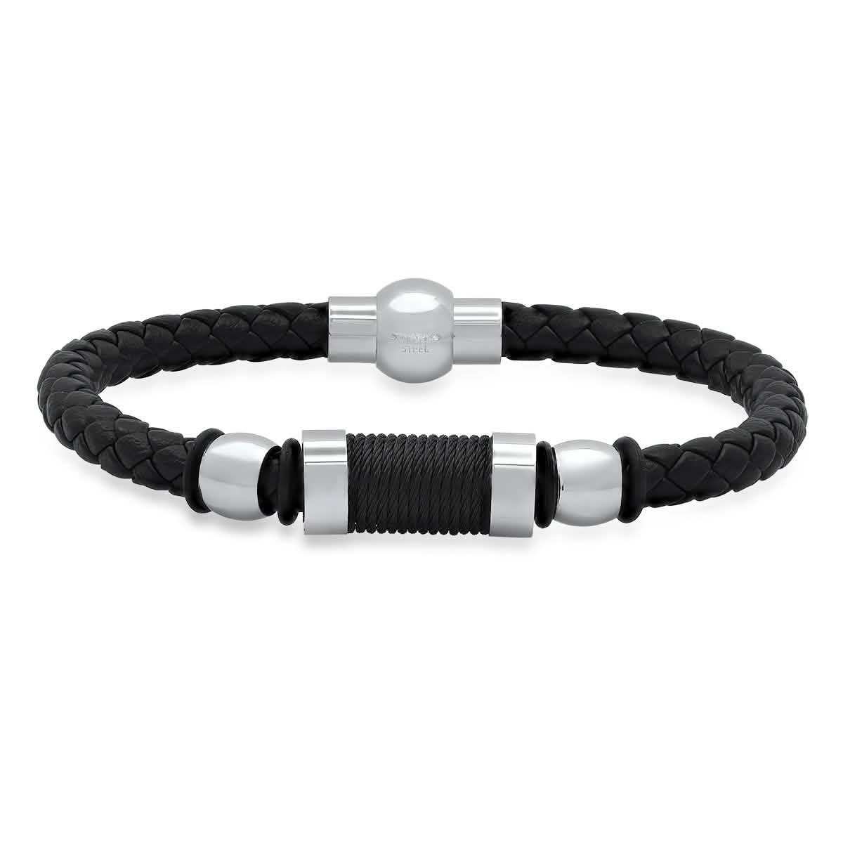Herrenarmband aus schwarzem geflochtenem Leder, schwarzem Garn und Edelstahl