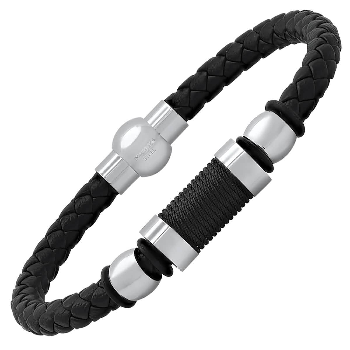Herrenarmband aus schwarzem geflochtenem Leder, schwarzem Garn und Edelstahl