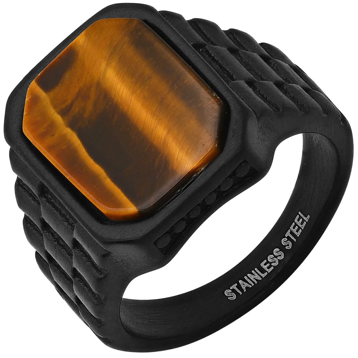 Herrenring aus schwarzem IP-Edelstahl mit Tigerauge