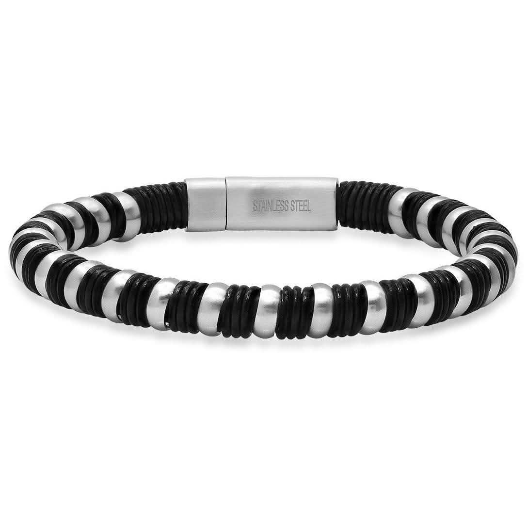 Herrenarmband aus schwarzem Leder und geflochtenem Edelstahl