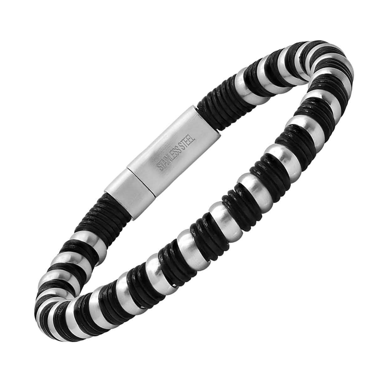 Herrenarmband aus schwarzem Leder und geflochtenem Edelstahl