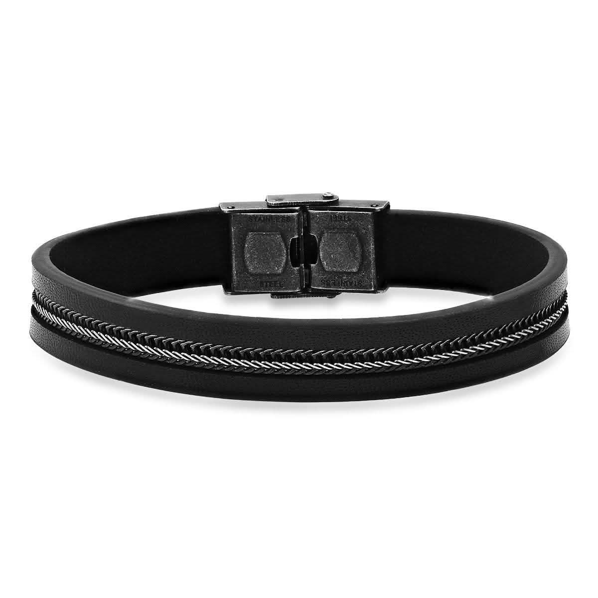 Herrenarmband aus schwarzem Leder mit zweifarbigem schwarzen IP-Edelstahl-Inlay und Weizenkette