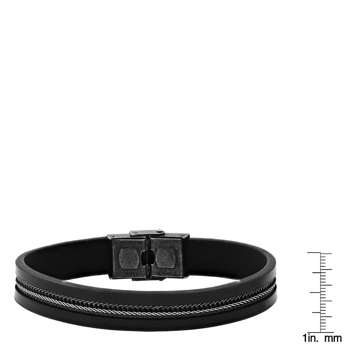 Herrenarmband aus schwarzem Leder mit zweifarbigem schwarzen IP-Edelstahl-Inlay und Weizenkette