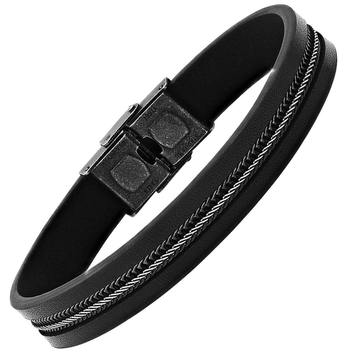 Herrenarmband aus schwarzem Leder mit zweifarbigem schwarzen IP-Edelstahl-Inlay und Weizenkette