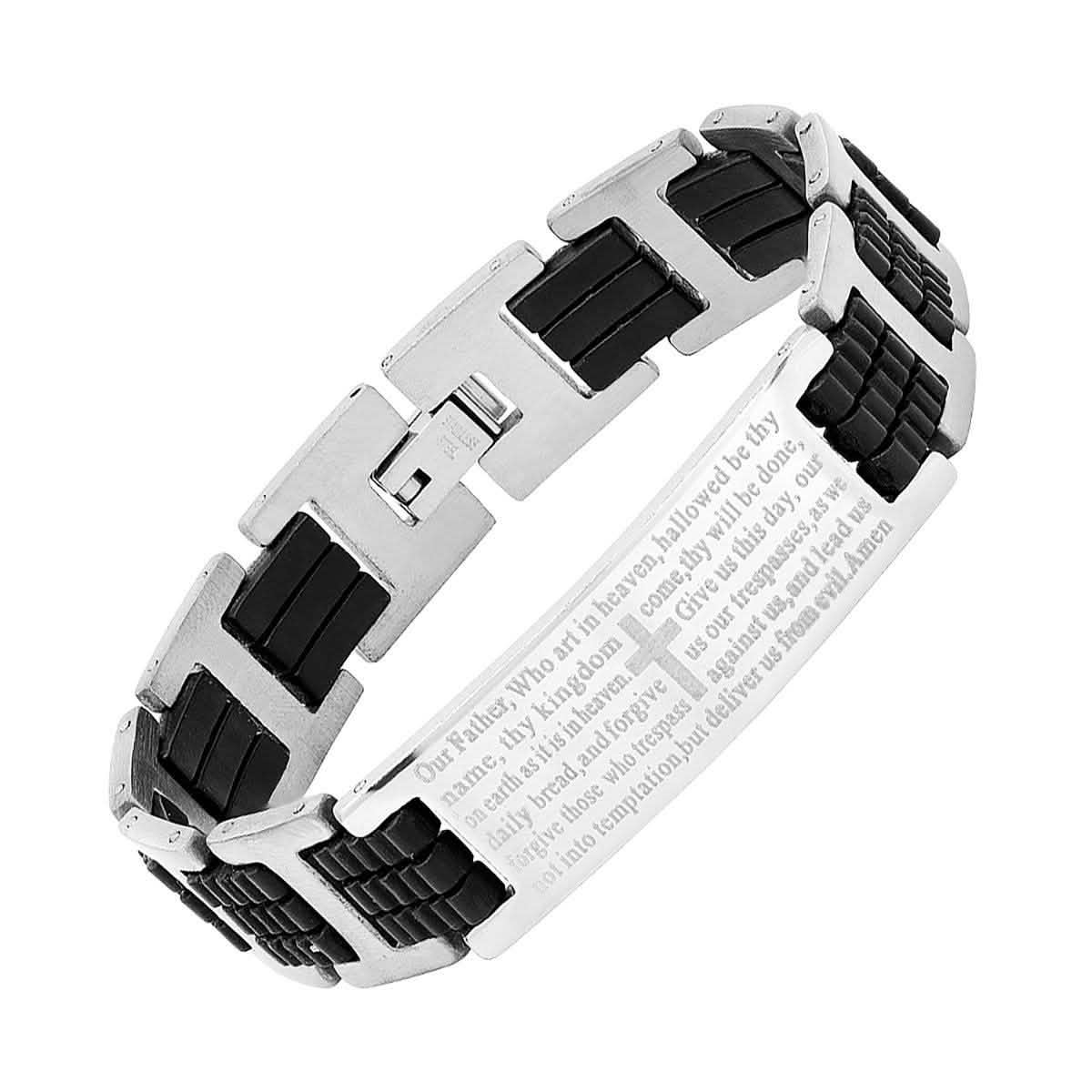 Herrenarmband "Our Father English Prayer" aus schwarzem Kautschuk und Edelstahl mit Gravur