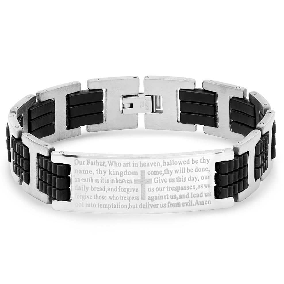Herrenarmband "Our Father English Prayer" aus schwarzem Kautschuk und Edelstahl mit Gravur