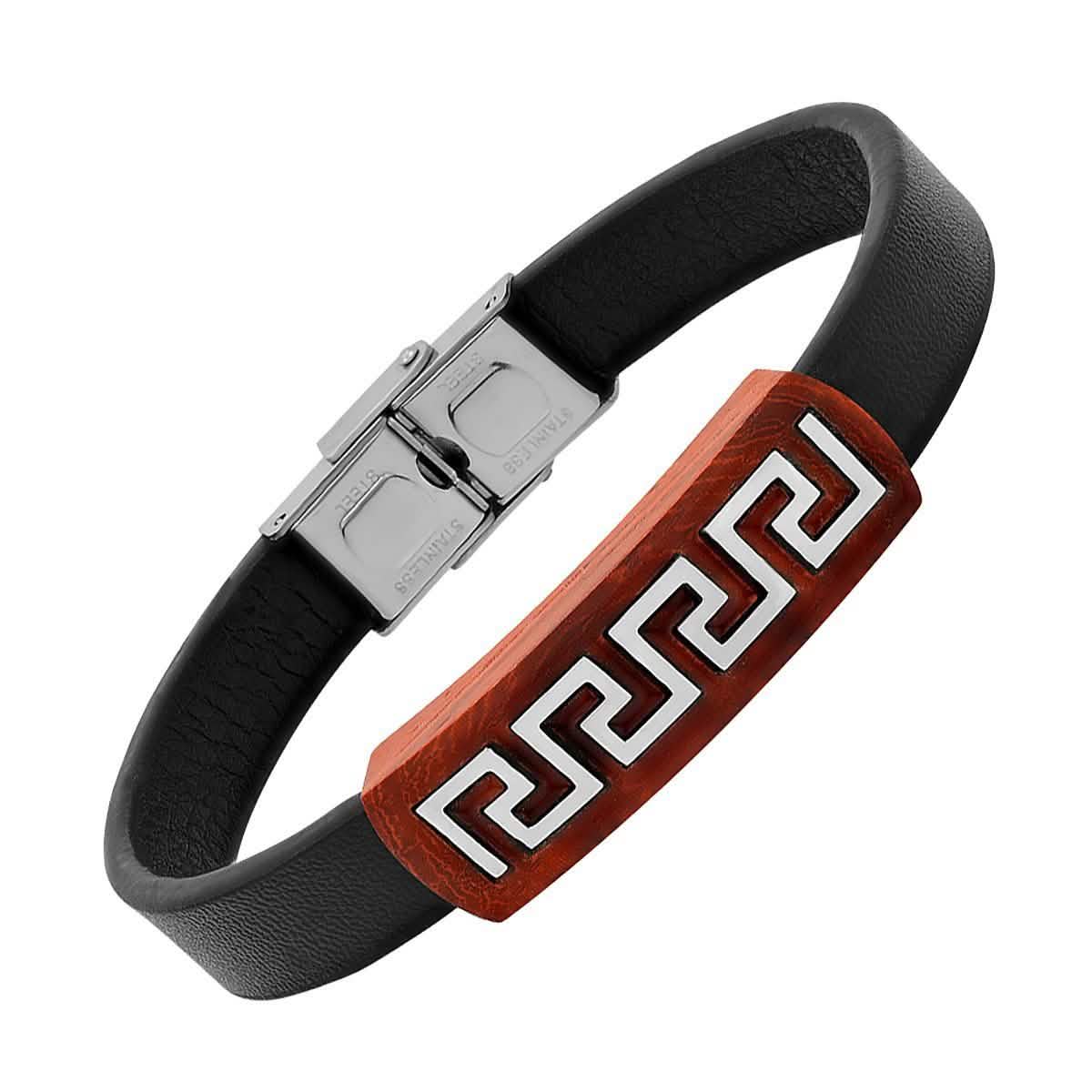 Herrenarmband aus braunem Leder, Holz und Edelstahl mit griechischem Schlüsselmuster und Gravurplatte