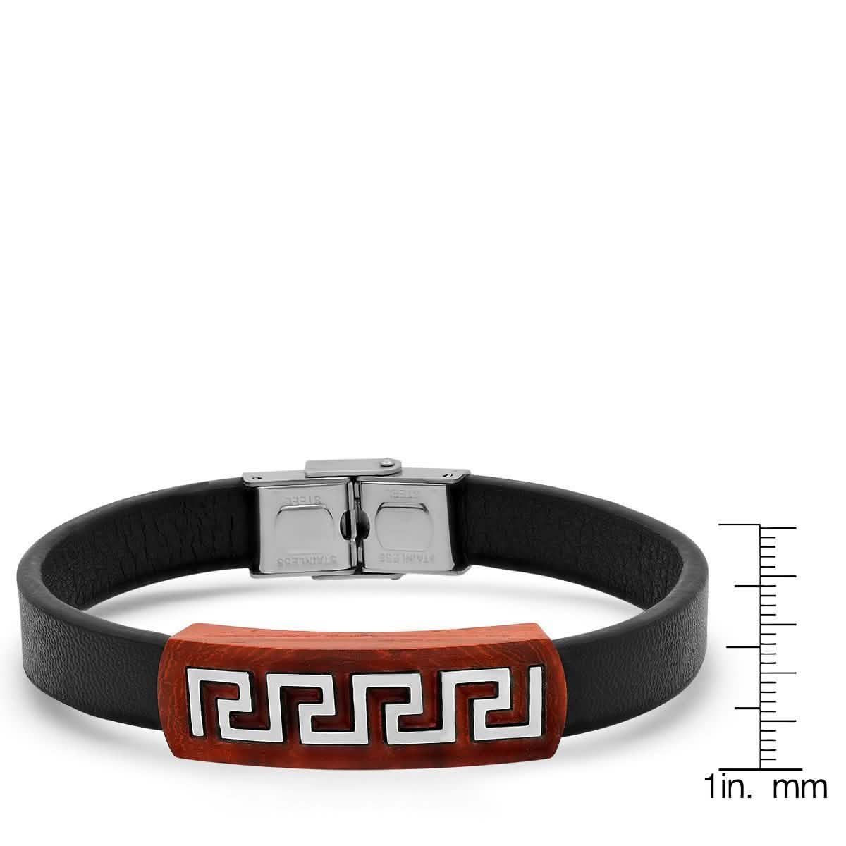 Herrenarmband aus braunem Leder, Holz und Edelstahl mit griechischem Schlüsselmuster und Gravurplatte