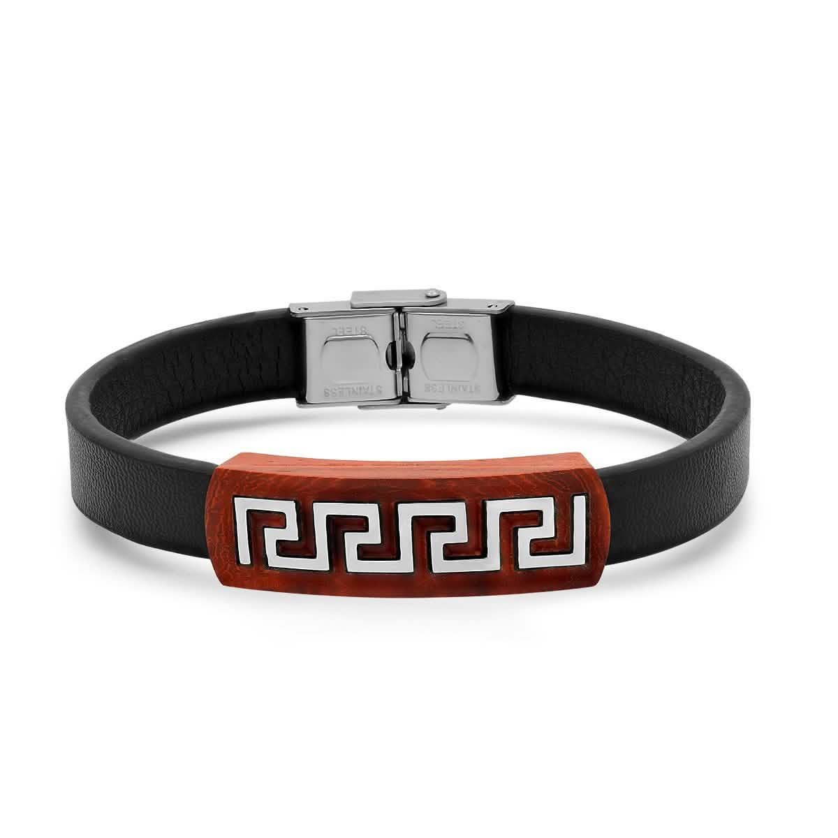 Herrenarmband aus braunem Leder, Holz und Edelstahl mit griechischem Schlüsselmuster und Gravurplatte