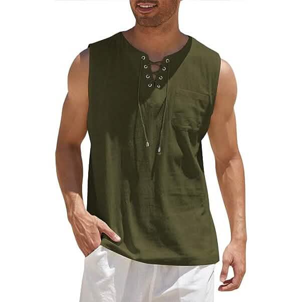 Herren Tank Top aus Baumwolle und Leinen, lässiges ärmelloses Oberteil mit Schnürung, Strand-Hippie-Oberteile, böhmische Renaissance-Piraten-Tunika