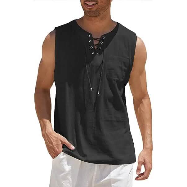 Herren Tank Top aus Baumwolle und Leinen, lässiges ärmelloses Oberteil mit Schnürung, Strand-Hippie-Oberteile, böhmische Renaissance-Piraten-Tunika