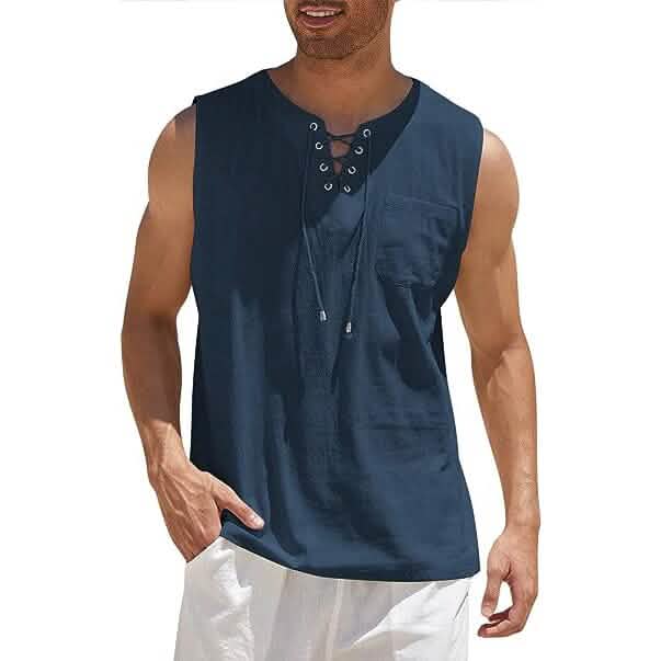 Herren Tank Top aus Baumwolle und Leinen, lässiges ärmelloses Oberteil mit Schnürung, Strand-Hippie-Oberteile, böhmische Renaissance-Piraten-Tunika