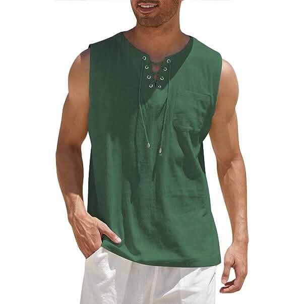Herren Tank Top aus Baumwolle und Leinen, lässiges ärmelloses Oberteil mit Schnürung, Strand-Hippie-Oberteile, böhmische Renaissance-Piraten-Tunika