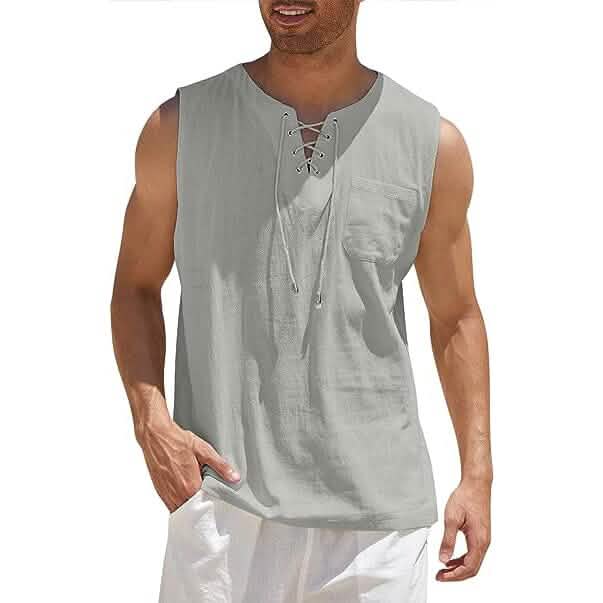 Herren Tank Top aus Baumwolle und Leinen, lässiges ärmelloses Oberteil mit Schnürung, Strand-Hippie-Oberteile, böhmische Renaissance-Piraten-Tunika