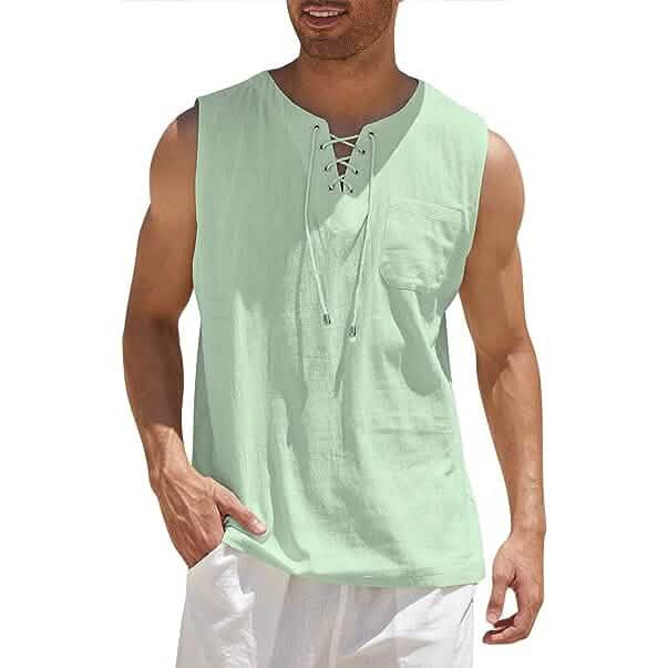 Herren Tank Top aus Baumwolle und Leinen, lässiges ärmelloses Oberteil mit Schnürung, Strand-Hippie-Oberteile, böhmische Renaissance-Piraten-Tunika