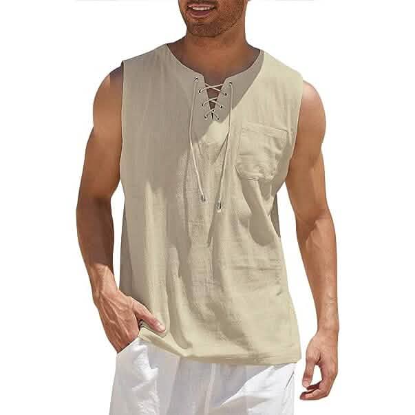 Herren Tank Top aus Baumwolle und Leinen, lässiges ärmelloses Oberteil mit Schnürung, Strand-Hippie-Oberteile, böhmische Renaissance-Piraten-Tunika
