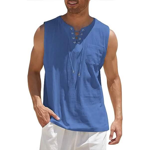 Herren Tank Top aus Baumwolle und Leinen, lässiges ärmelloses Oberteil mit Schnürung, Strand-Hippie-Oberteile, böhmische Renaissance-Piraten-Tunika