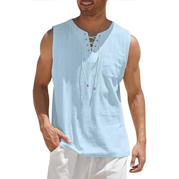 Herren Tank Top aus Baumwolle und Leinen, lässiges ärmelloses Oberteil mit Schnürung, Strand-Hippie-Oberteile, böhmische Renaissance-Piraten-Tunika