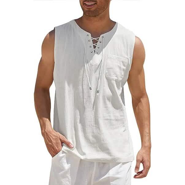 Herren Tank Top aus Baumwolle und Leinen, lässiges ärmelloses Oberteil mit Schnürung, Strand-Hippie-Oberteile, böhmische Renaissance-Piraten-Tunika