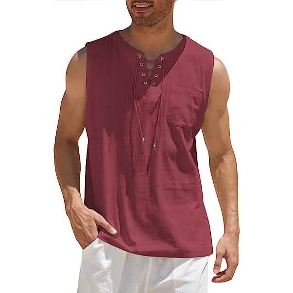 Herren Tank Top aus Baumwolle und Leinen, lässiges ärmelloses Oberteil mit Schnürung, Strand-Hippie-Oberteile, böhmische Renaissance-Piraten-Tunika