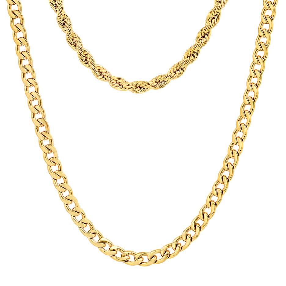 Men's Cuban and Rope Chain Double Row Necklace
