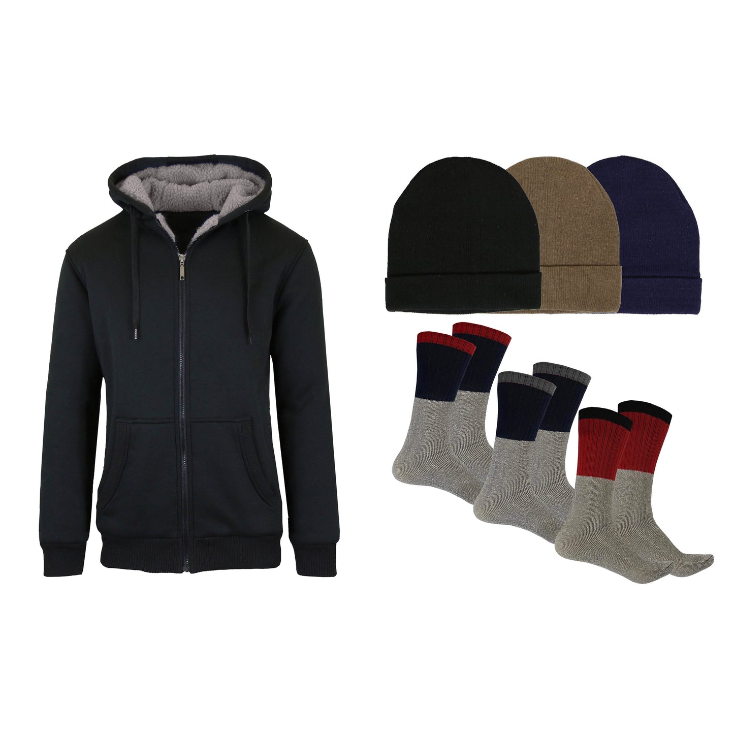 Herren Sherpa Hoodie, Fleece-gefütterte Mütze und Thermosocken Geschenkset