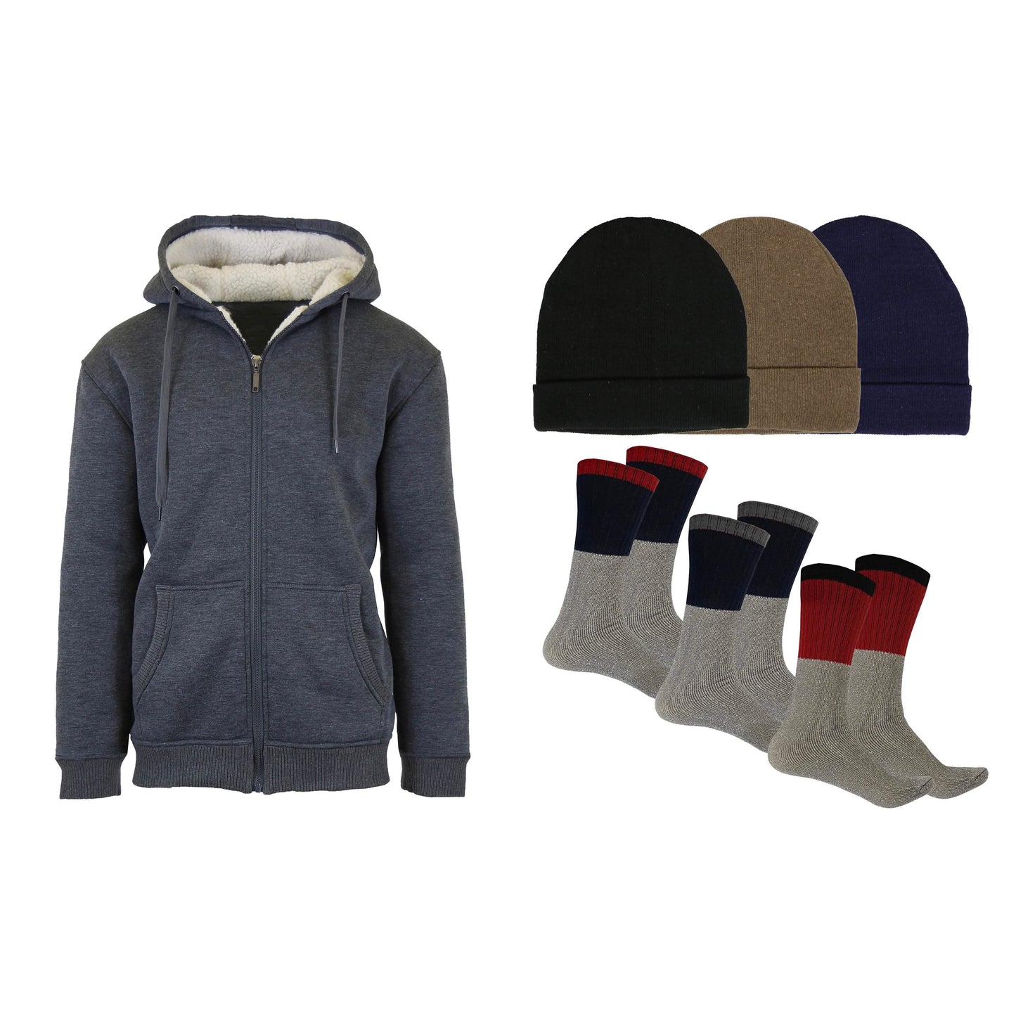 Herren Sherpa Hoodie, Fleece-gefütterte Mütze und Thermosocken Geschenkset