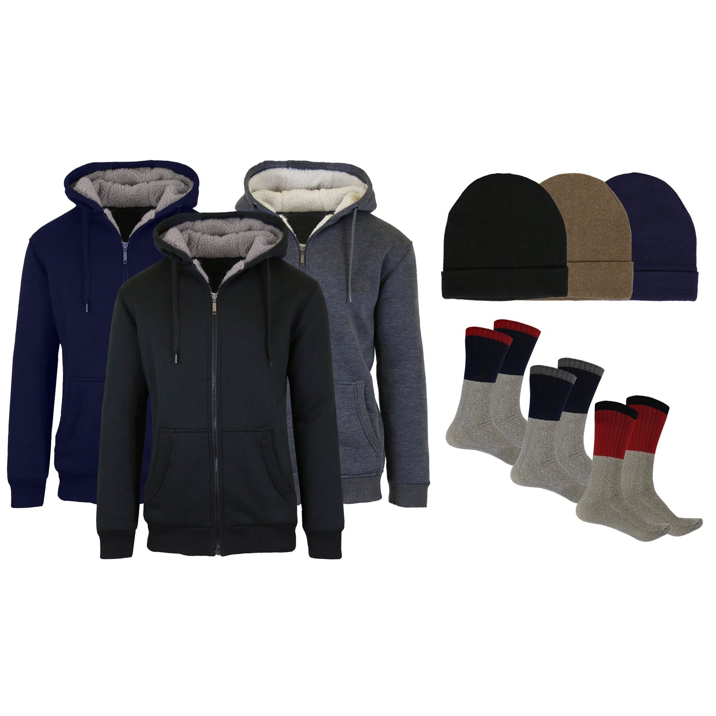 Herren Sherpa Hoodie, Fleece-gefütterte Mütze und Thermosocken Geschenkset
