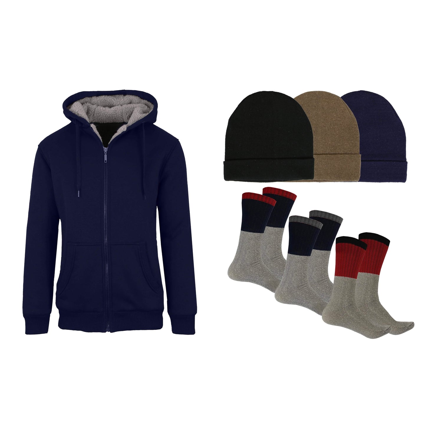 Herren Sherpa Hoodie, Fleece-gefütterte Mütze und Thermosocken Geschenkset