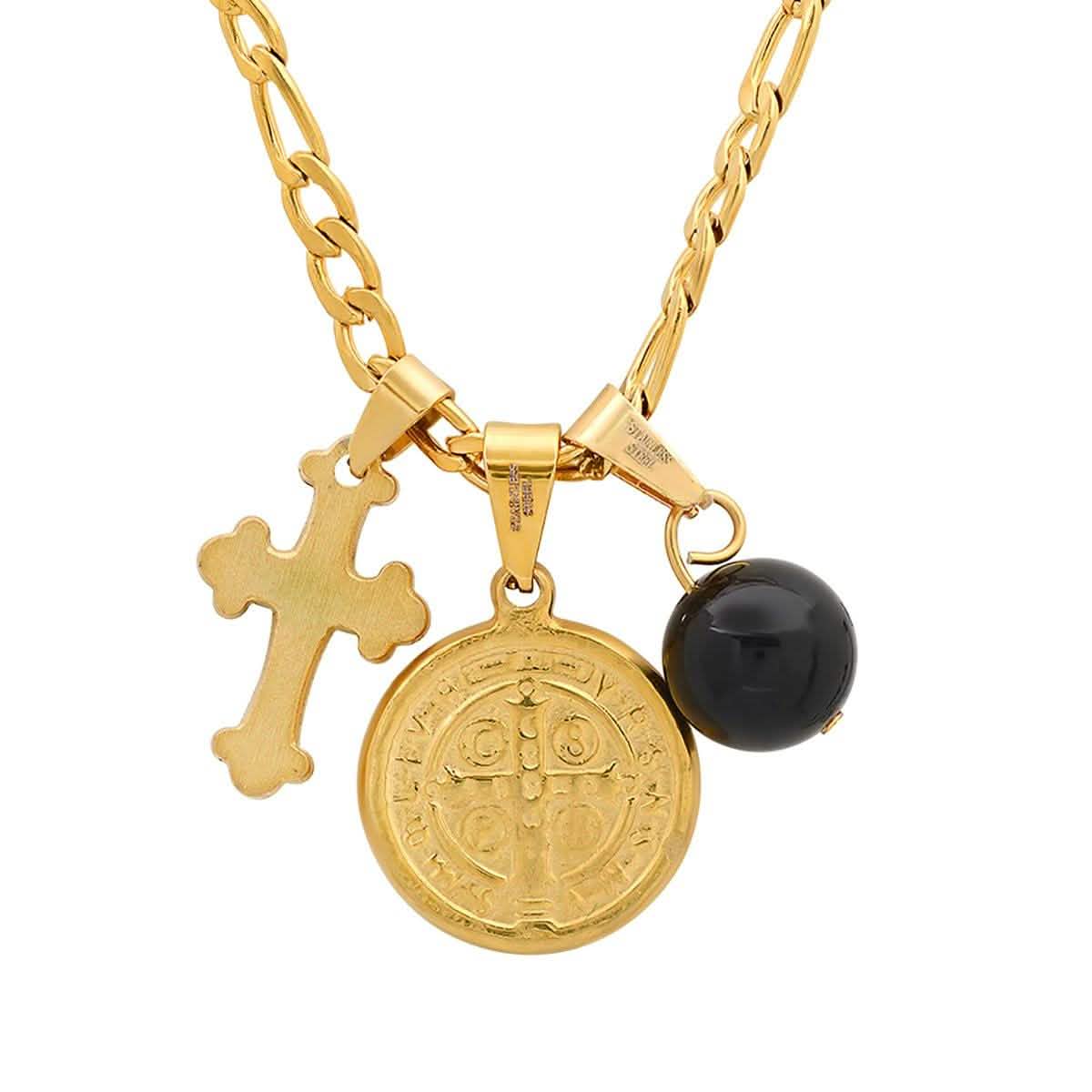 Herren-Edelstahl- und Schwarz-Emaille-Hl.-Benedikt-, schwarze Kugel- und Kreuz-Anhänger-Kette