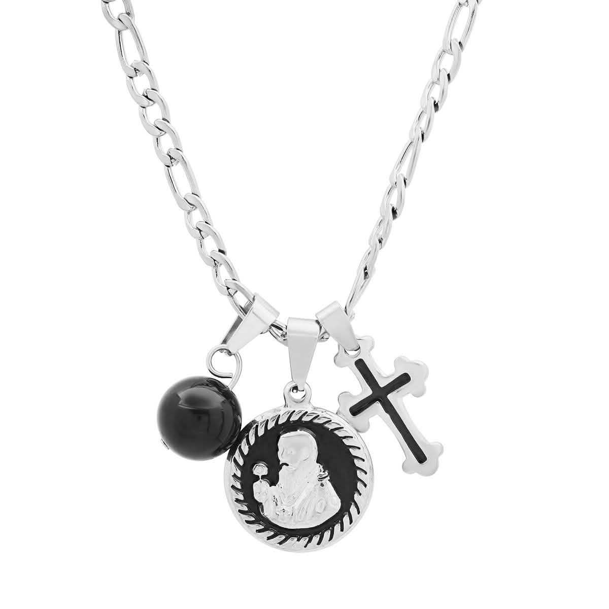 Herren-Edelstahl- und Schwarz-Emaille-Hl.-Benedikt-, schwarze Kugel- und Kreuz-Anhänger-Kette