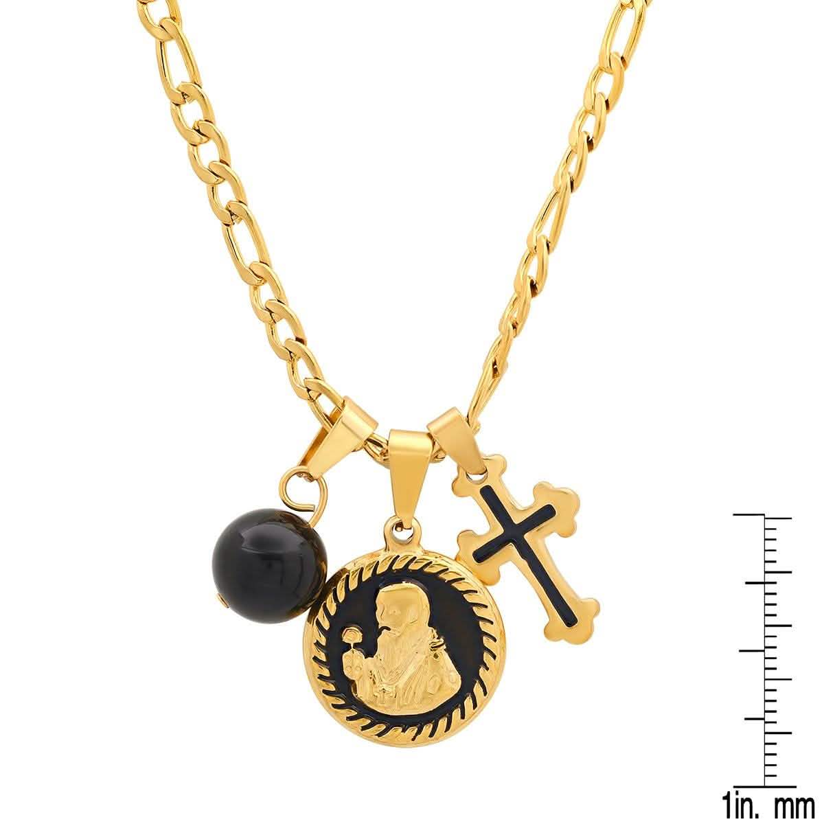 Herren-Edelstahl- und Schwarz-Emaille-Hl.-Benedikt-, schwarze Kugel- und Kreuz-Anhänger-Kette