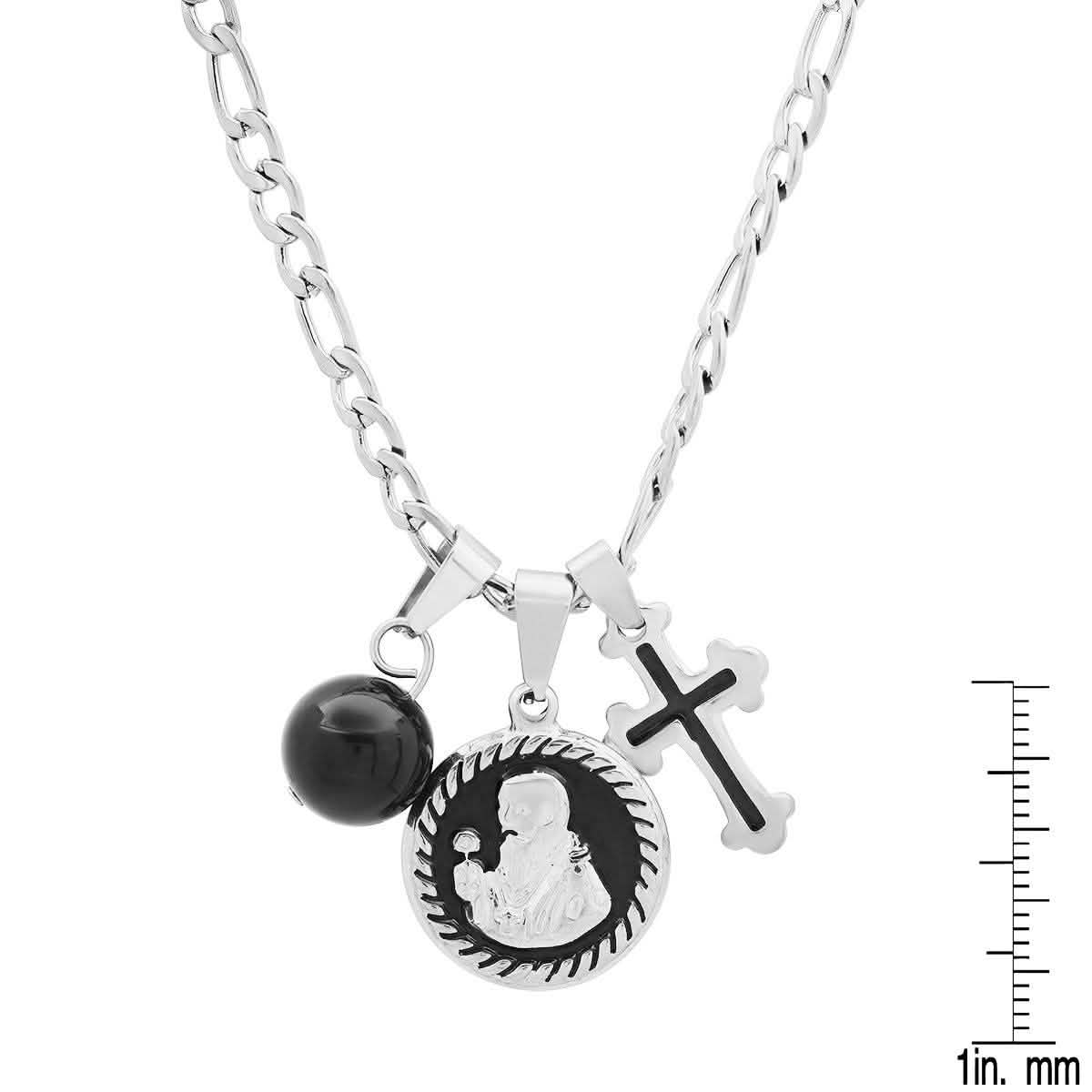 Herren-Edelstahl- und Schwarz-Emaille-Hl.-Benedikt-, schwarze Kugel- und Kreuz-Anhänger-Kette