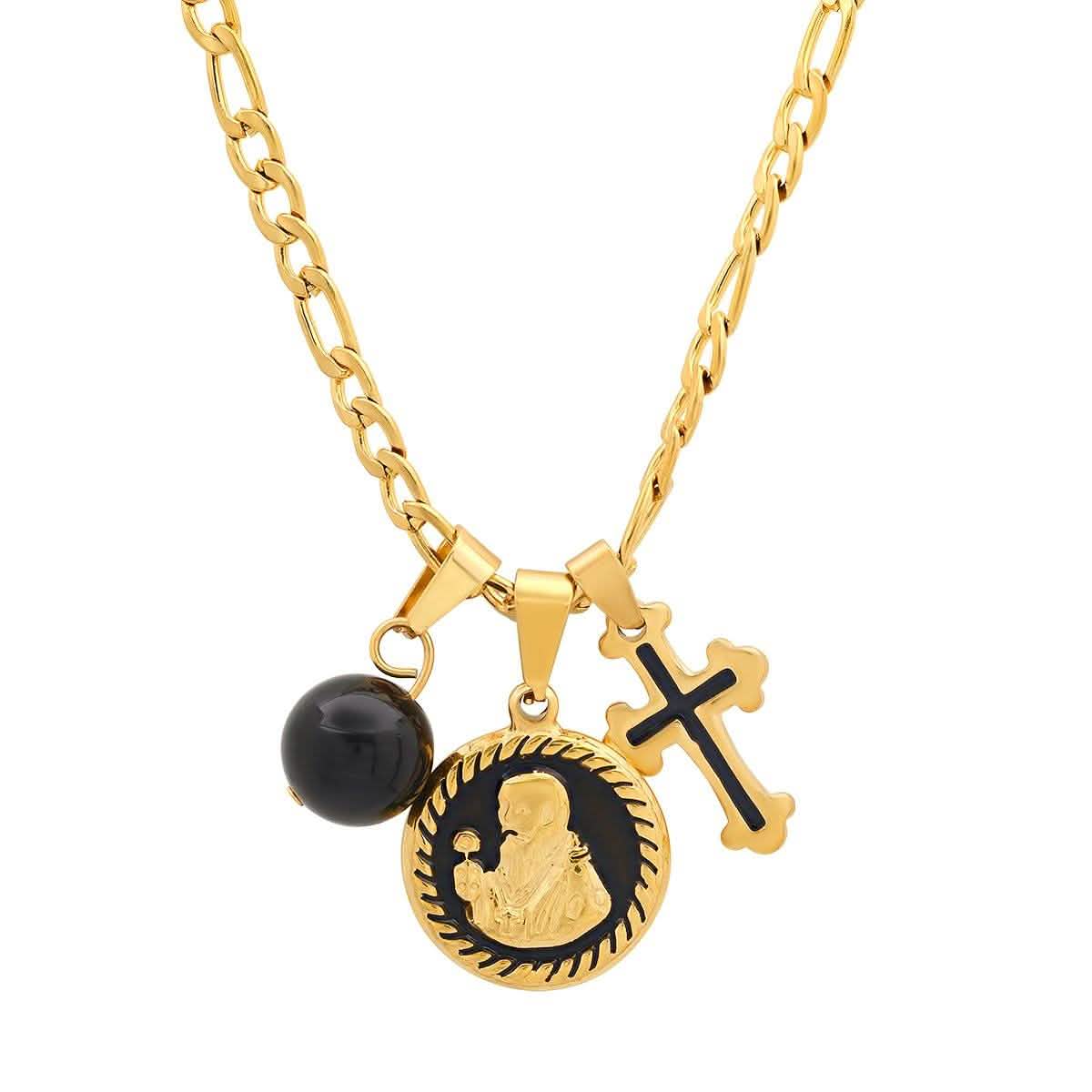 Herren-Edelstahl- und Schwarz-Emaille-Hl.-Benedikt-, schwarze Kugel- und Kreuz-Anhänger-Kette