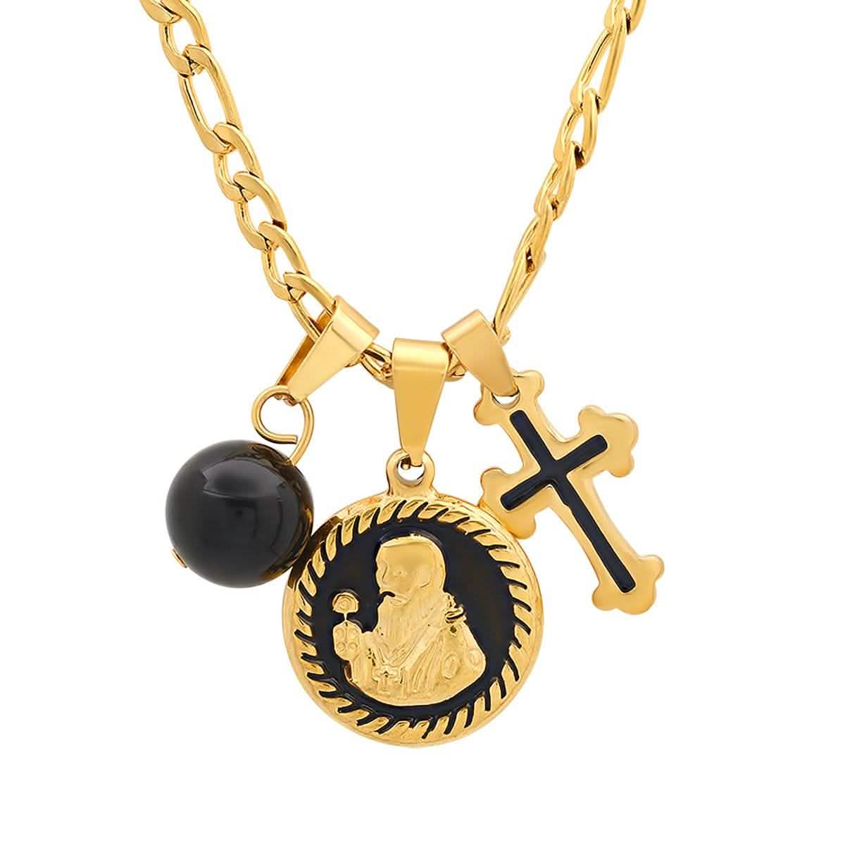 Herren-Edelstahl- und Schwarz-Emaille-Hl.-Benedikt-, schwarze Kugel- und Kreuz-Anhänger-Kette
