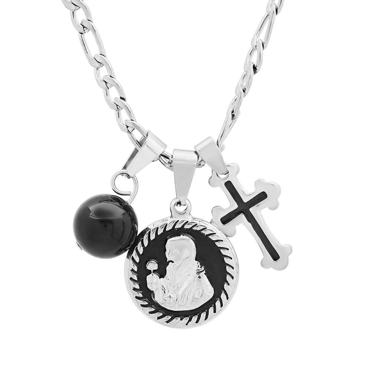 Herren-Edelstahl- und Schwarz-Emaille-Hl.-Benedikt-, schwarze Kugel- und Kreuz-Anhänger-Kette