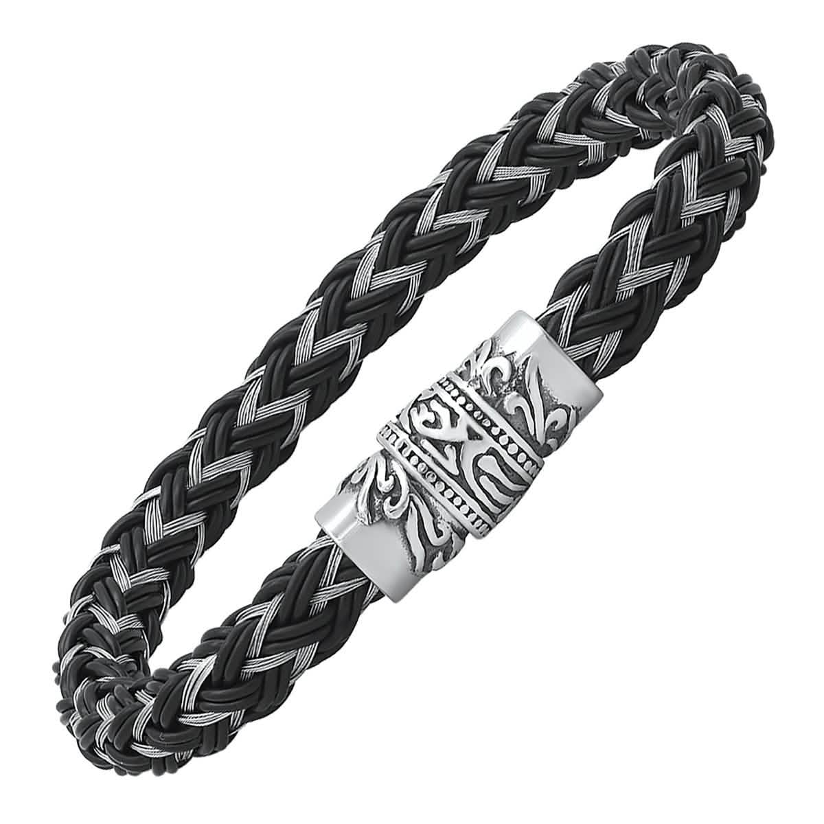 Herrenarmband aus Edelstahl und geflochtenem schwarzem Leder