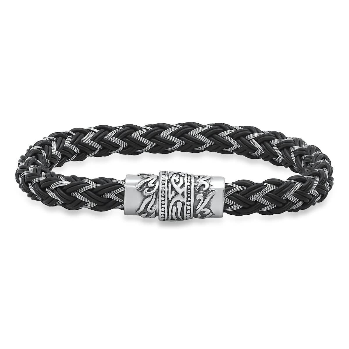 Herrenarmband aus Edelstahl und geflochtenem schwarzem Leder