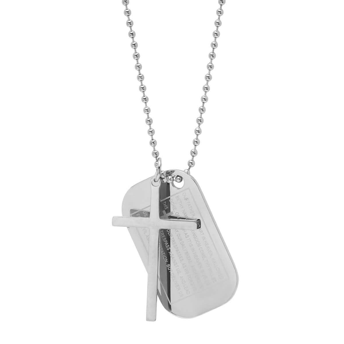 Herren-Edelstahl-Kreuz- und Vaterunser-Gebetshalskettenanhänger (Dog Tag-Stil) an Kugelkette