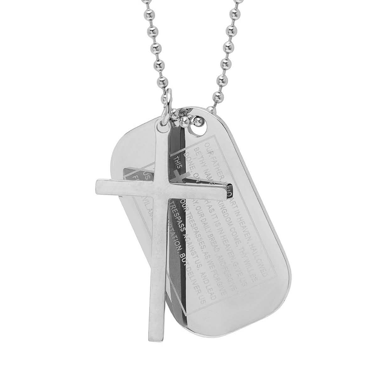 Herren-Edelstahl-Kreuz- und Vaterunser-Gebetshalskettenanhänger (Dog Tag-Stil) an Kugelkette