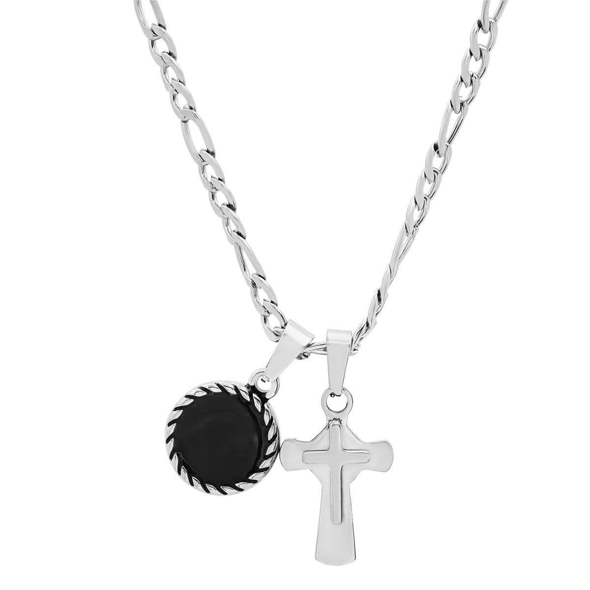 Herren-Anhänger aus Edelstahl mit Kreuz und runder schwarzer Emaille