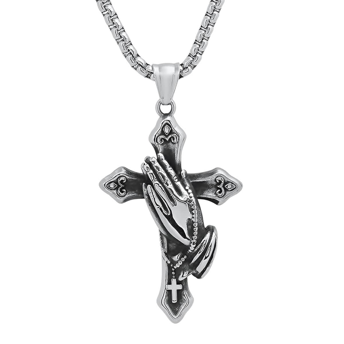 Herren-Edelstahl-Anhänger mit oxidierter Gebetshand und Kreuz